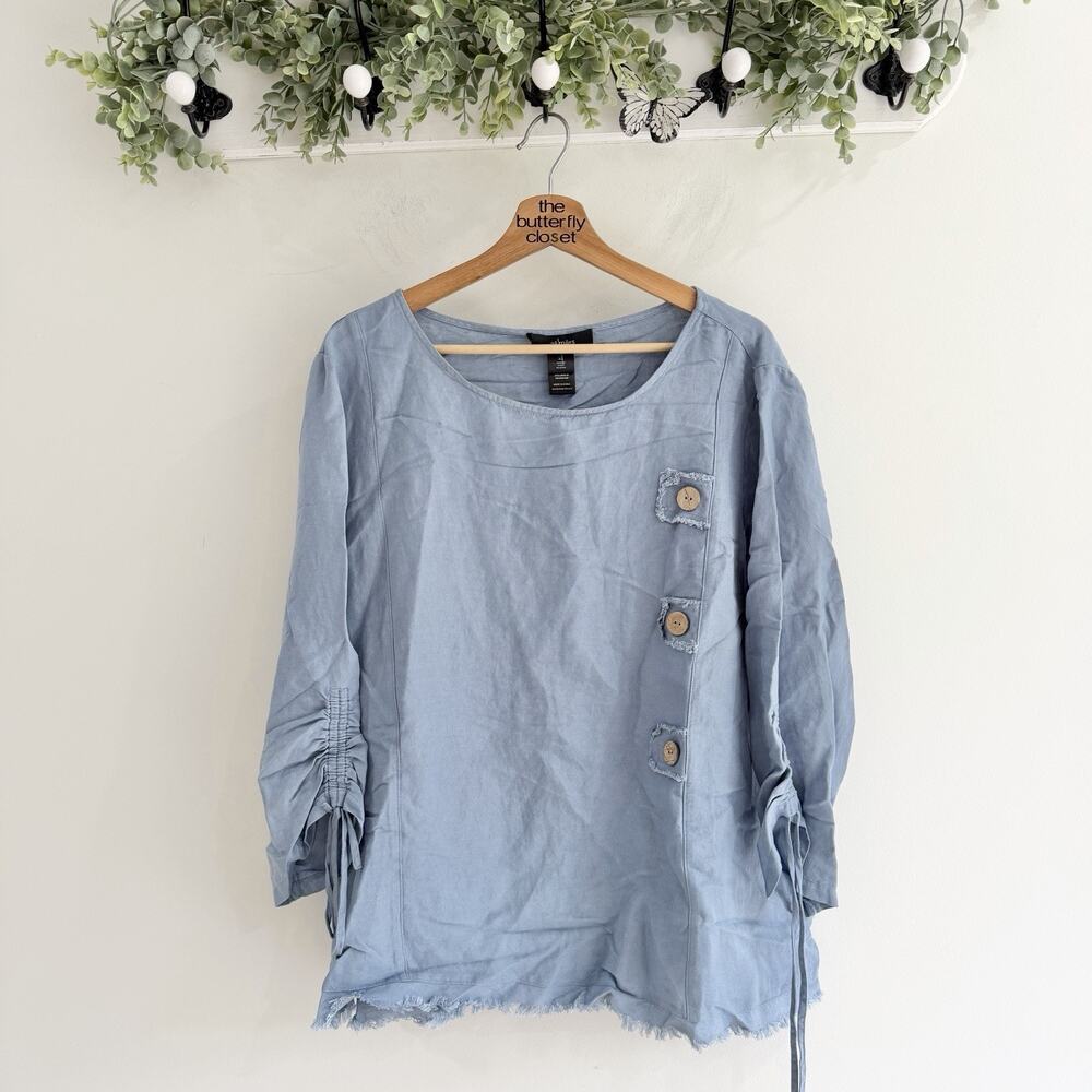 Ali Miles Linen Blend Chambray Blue Conched Sleeve Top XL Lagenlook CC